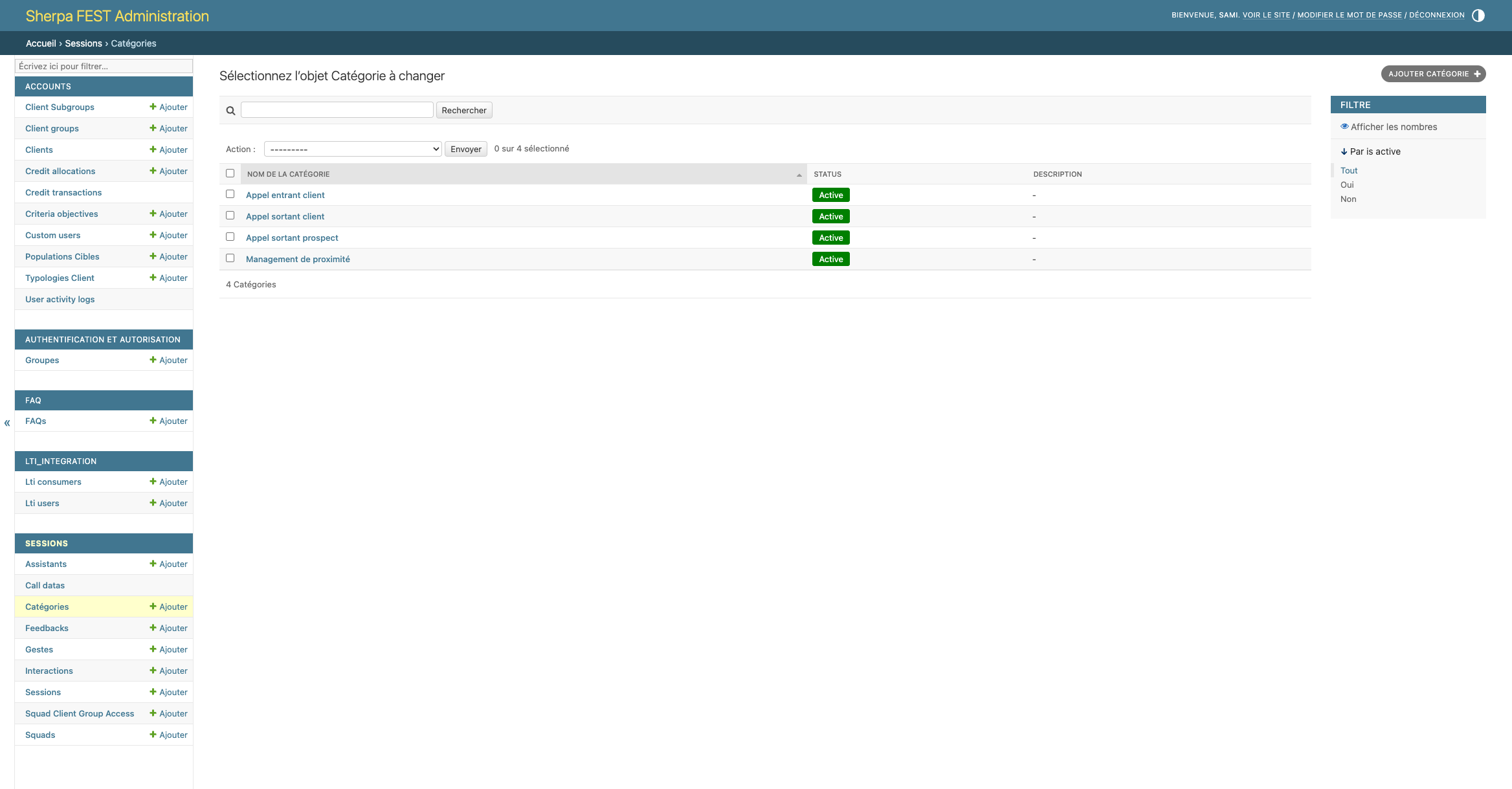 Liste des catégories