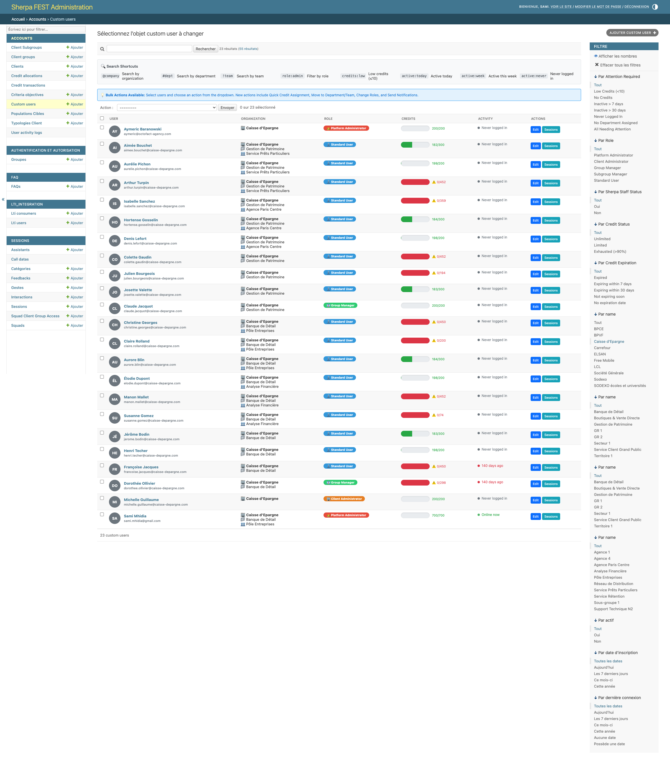 Utilisateurs filtrés par client