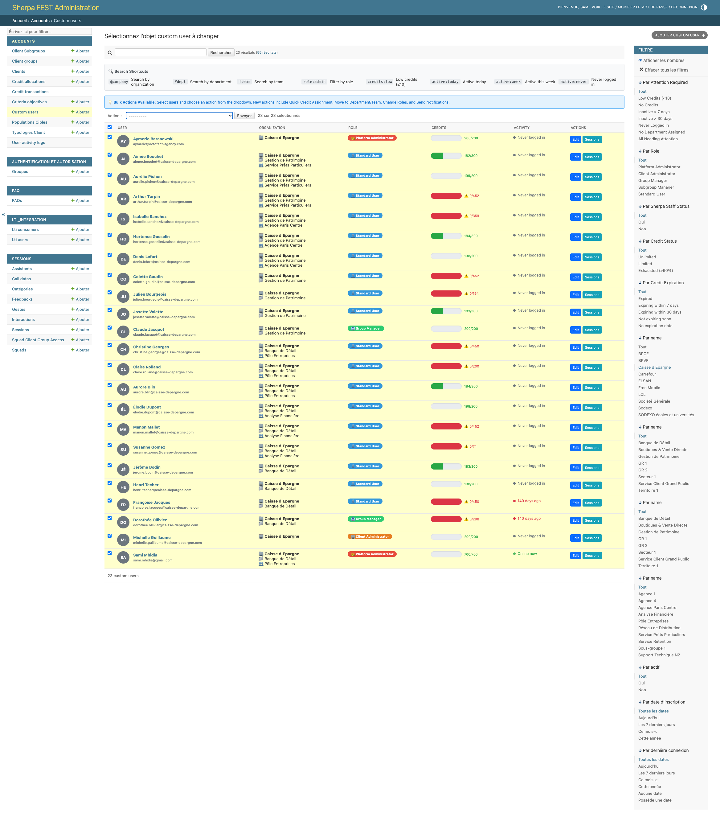 Menu déroulant des actions bulk