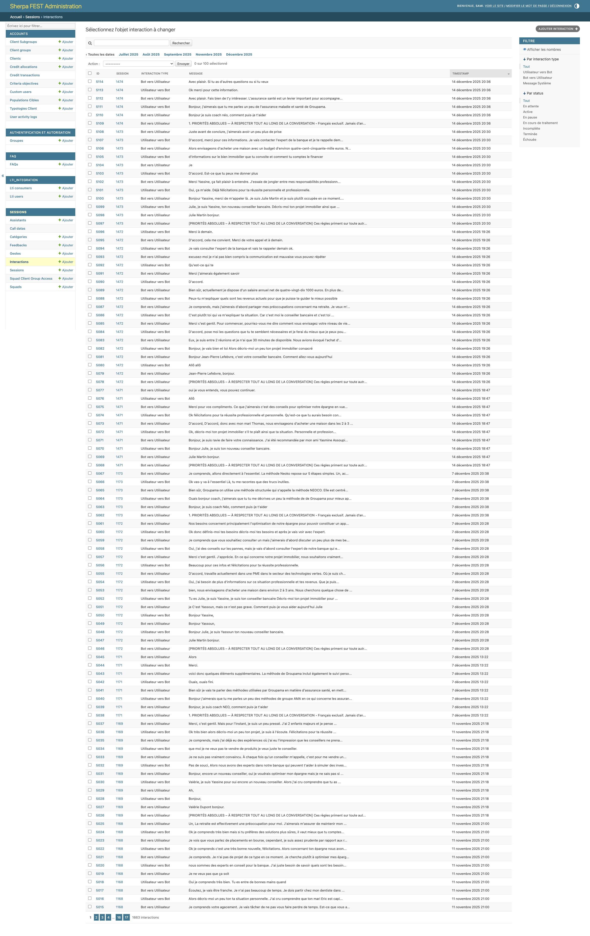 Liste des interactions